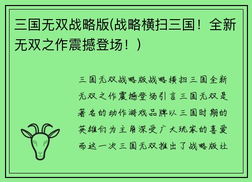 三国无双战略版(战略横扫三国！全新无双之作震撼登场！)